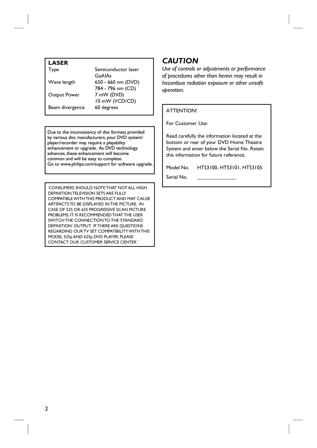 Philips HTS3101/93 user manual Laser 