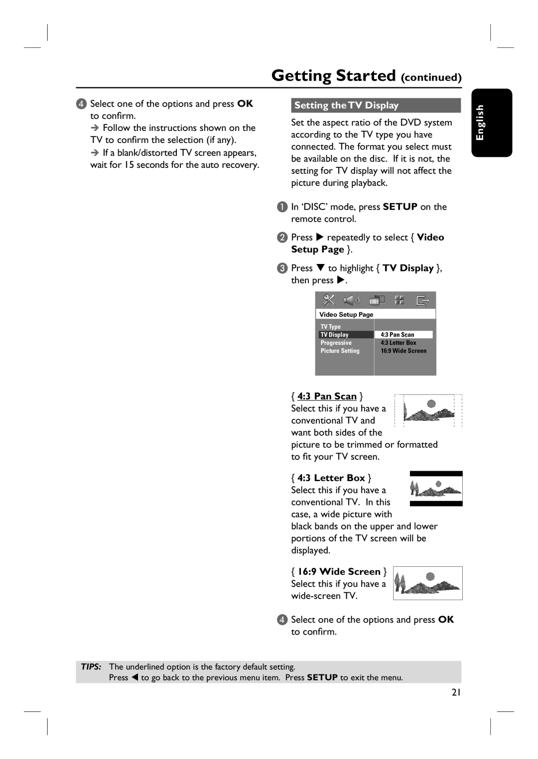 Philips HTS3101/93 user manual Select one of the options and press OK to confi rm, Setting the TV Display 