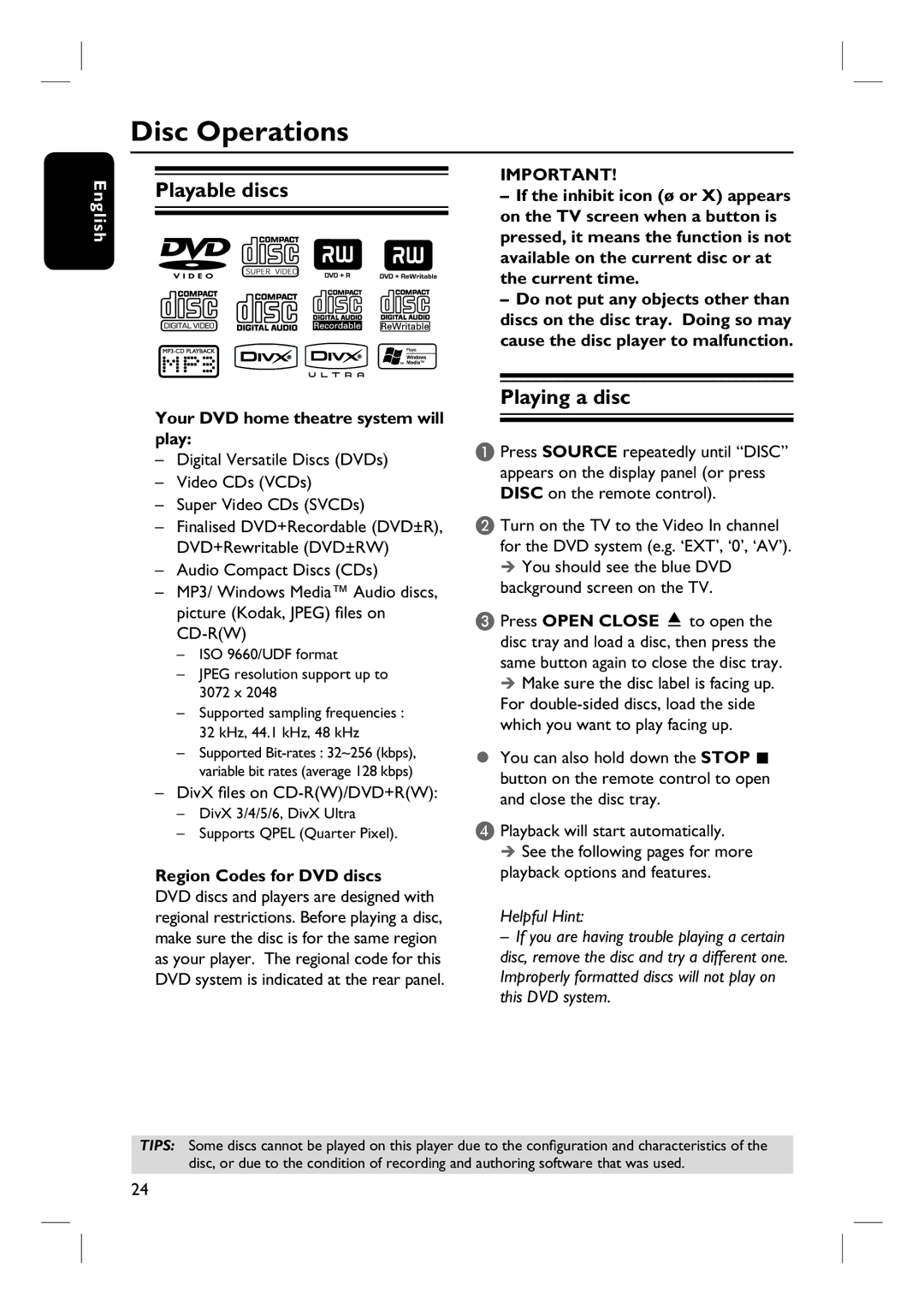 Philips HTS3101/93 user manual Disc Operations, Playable discs, Playing a disc 