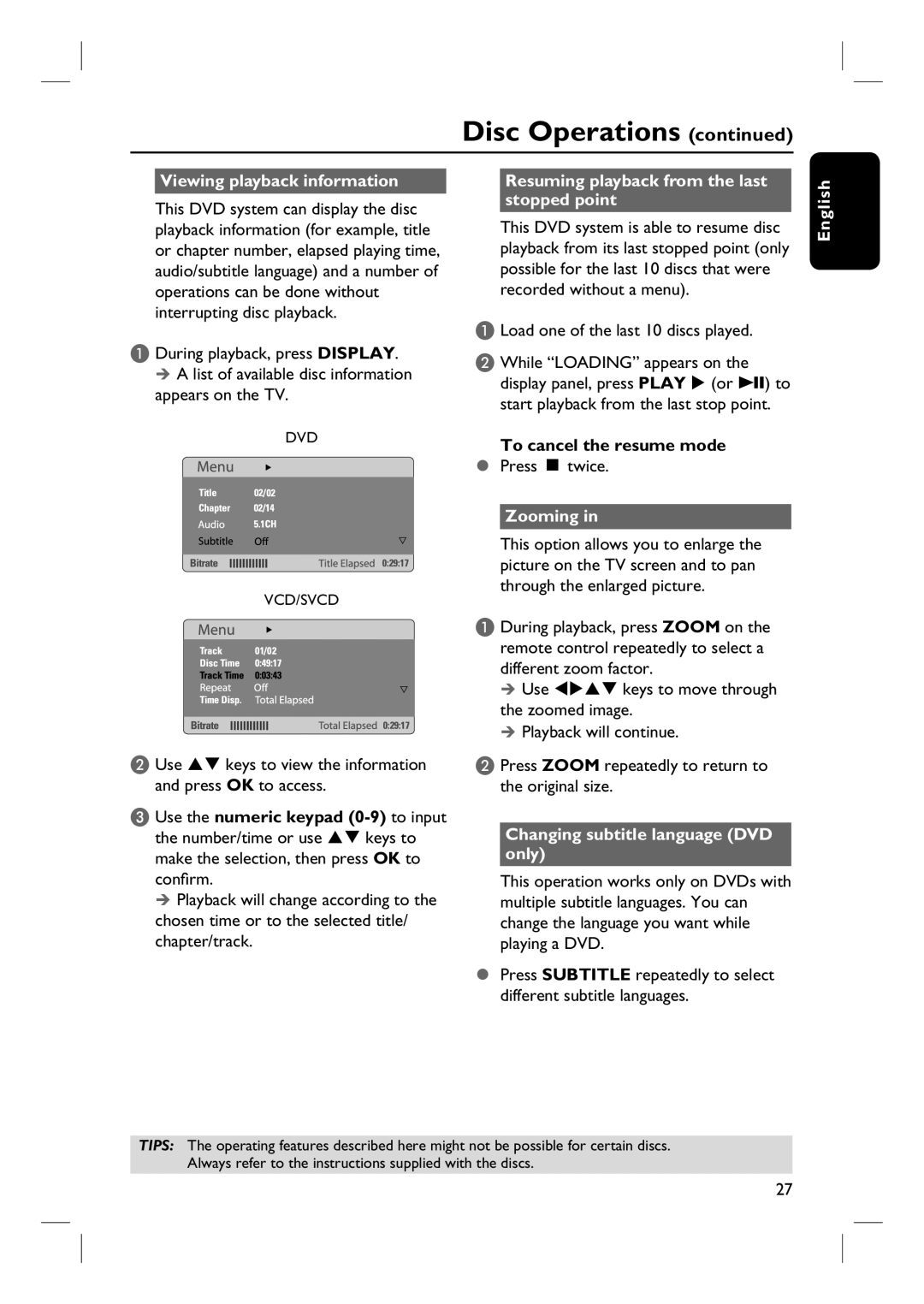 Philips HTS3101/93 Viewing playback information, Resuming playback from the last stopped point, To cancel the resume mode 