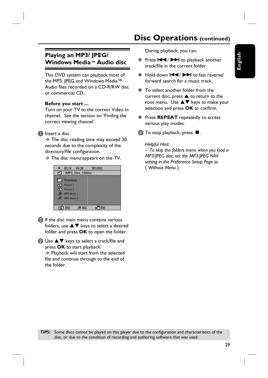 Philips HTS3101/93 user manual Playing an MP3/ JPEG/ Windows Media Audio disc, Disc menu appears on the TV 