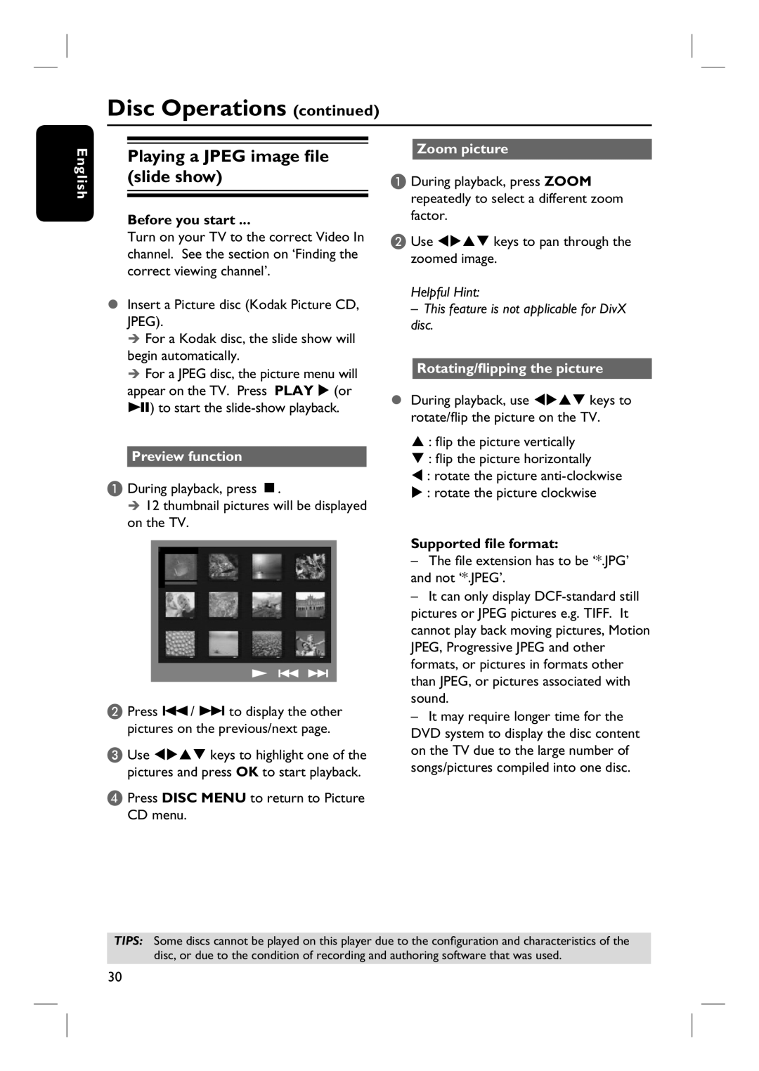 Philips HTS3101 Playing a Jpeg image file slide show, Preview function, Zoom picture, Rotating/flipping the picture 