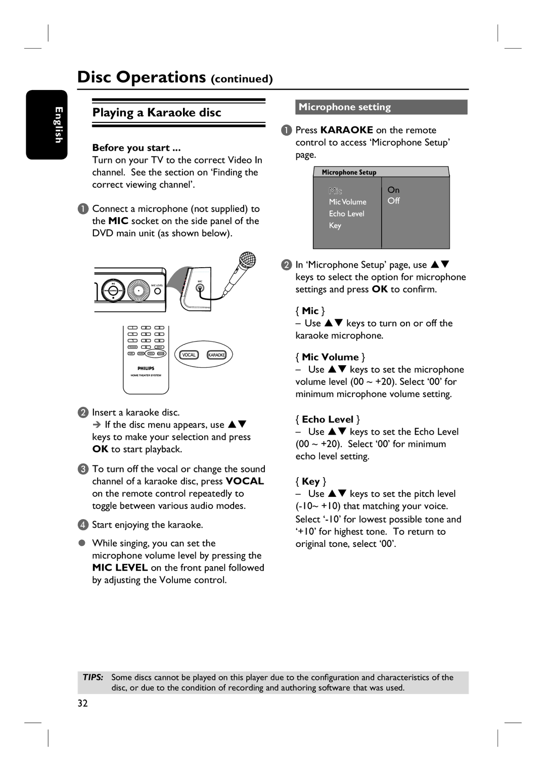 Philips HTS3101/93 user manual Playing a Karaoke disc, Microphone setting, Mic Volume, Echo Level, Key 