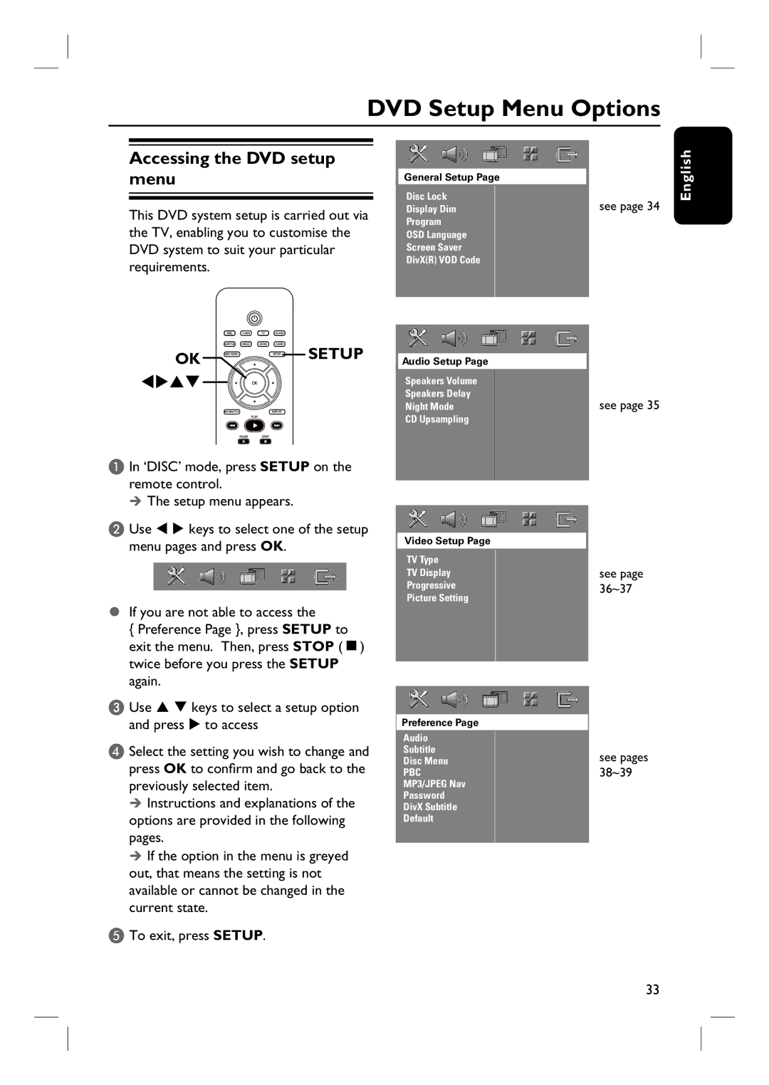 Philips HTS3101/93 user manual DVD Setup Menu Options, Accessing the DVD setup menu 