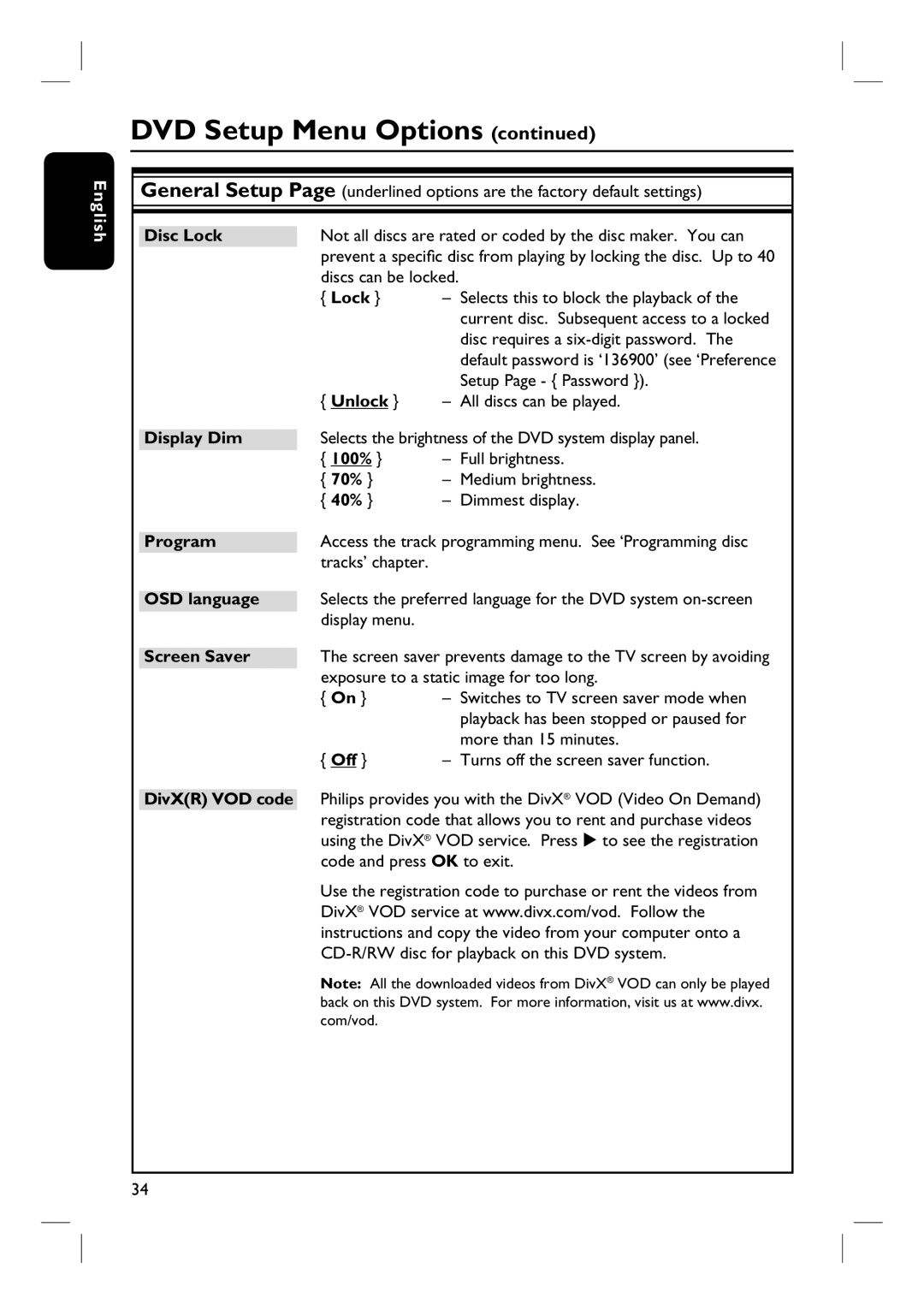 Philips HTS3101/93 user manual Disc Lock, Unlock, Display Dim, 70%, 40%, OSD language, Screen Saver, DivXR VOD code 