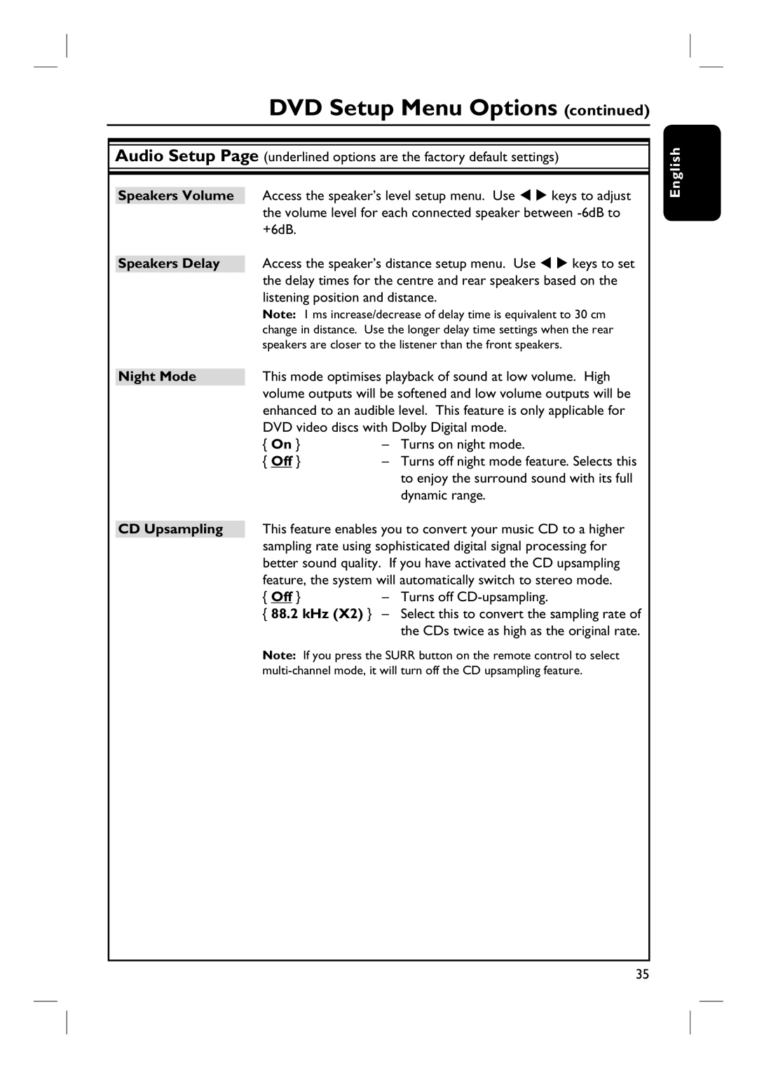 Philips HTS3101/93 user manual Speakers Volume, Speakers Delay, Night Mode, CD Upsampling, 88.2 kHz 