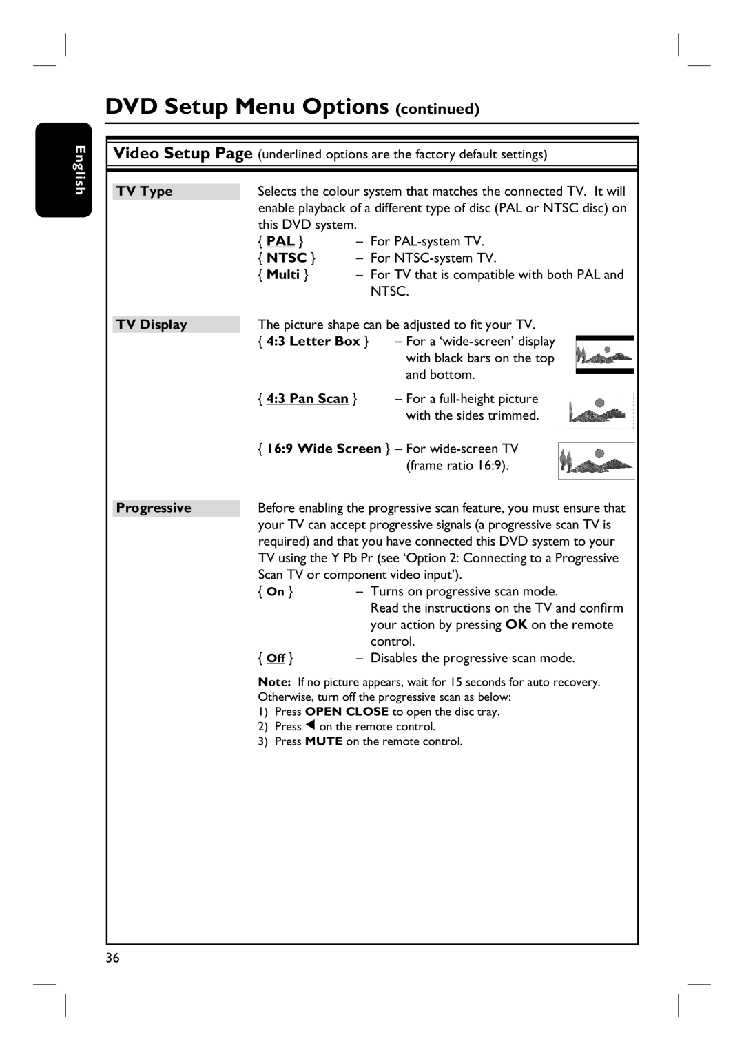 Philips HTS3101/93 user manual TV Type, TV Display, Letter Box, Pan Scan, Progressive 