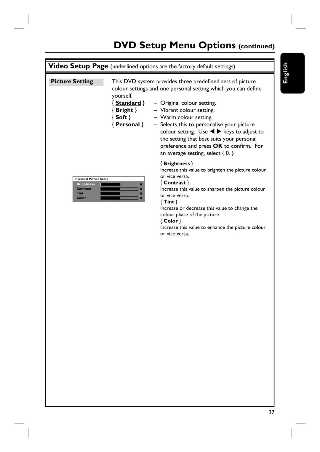 Philips HTS3101/93 user manual Picture Setting, Standard, Bright, Soft, Personal 