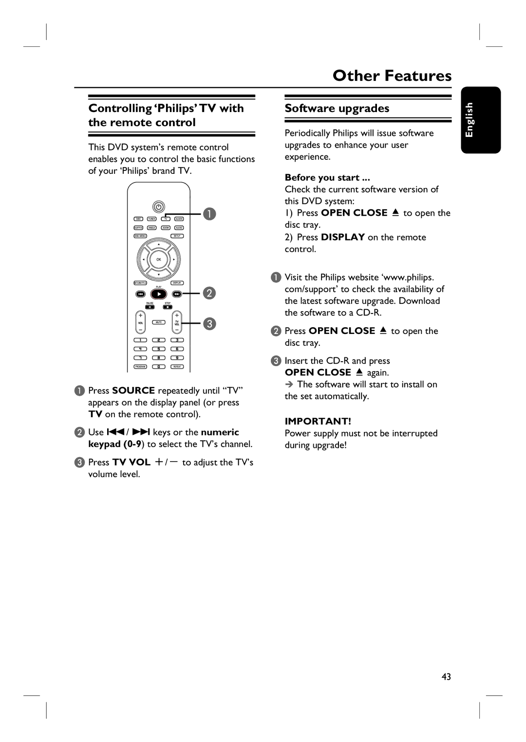 Philips HTS3101/93 user manual Other Features, Controlling ‘Philips’ TV with the remote control, Software upgrades 