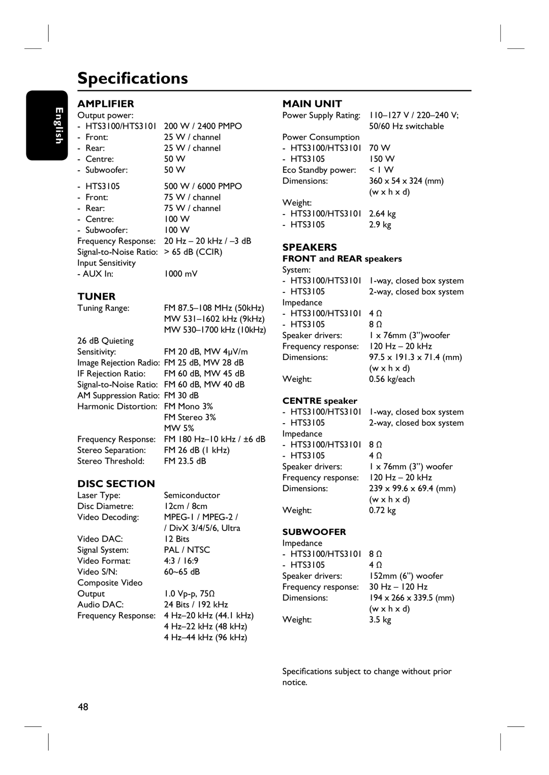 Philips HTS3101/93 user manual Specifications, Amplifier 