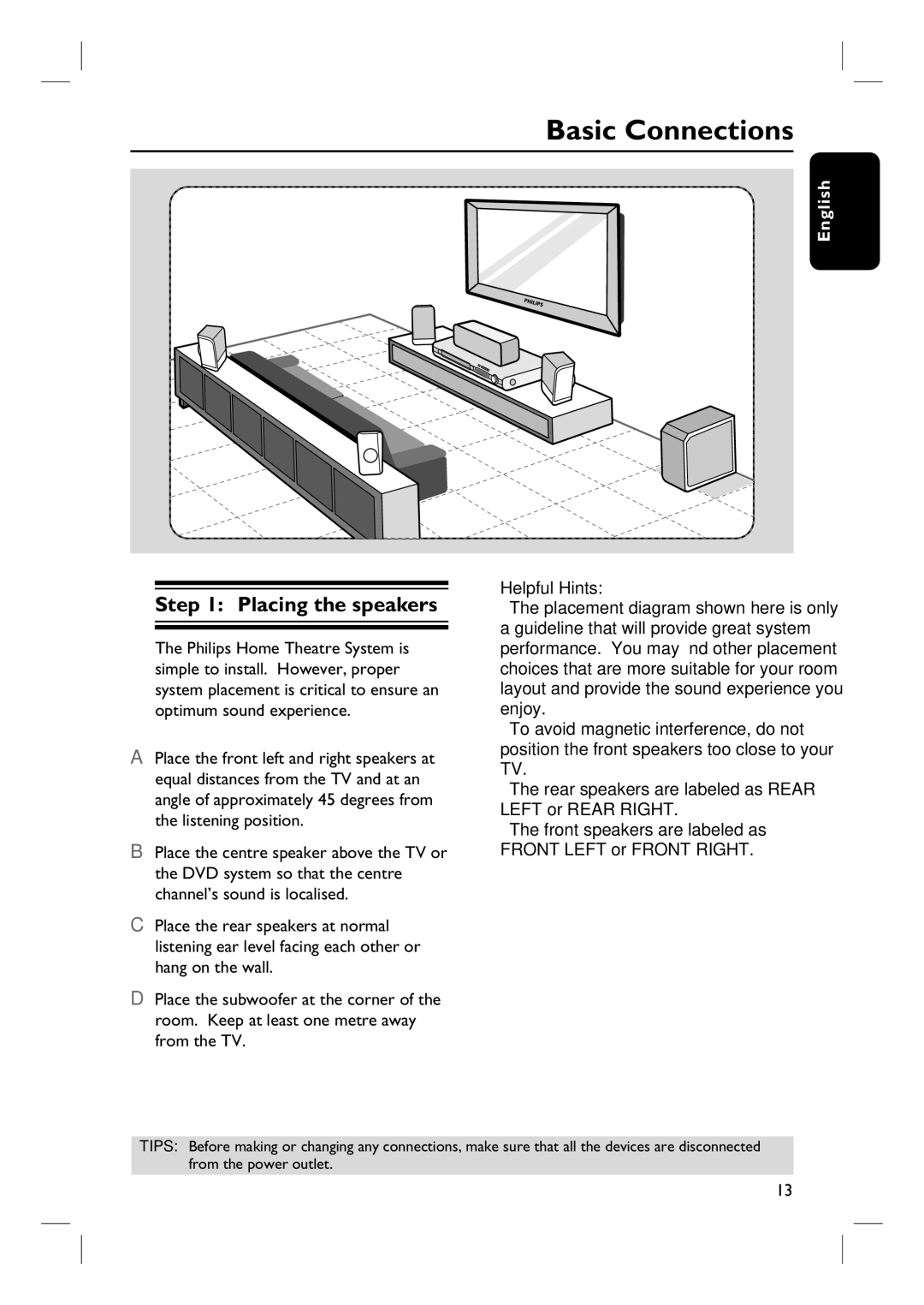 Philips HTS3107/55 user manual Basic Connections, Placing the speakers 