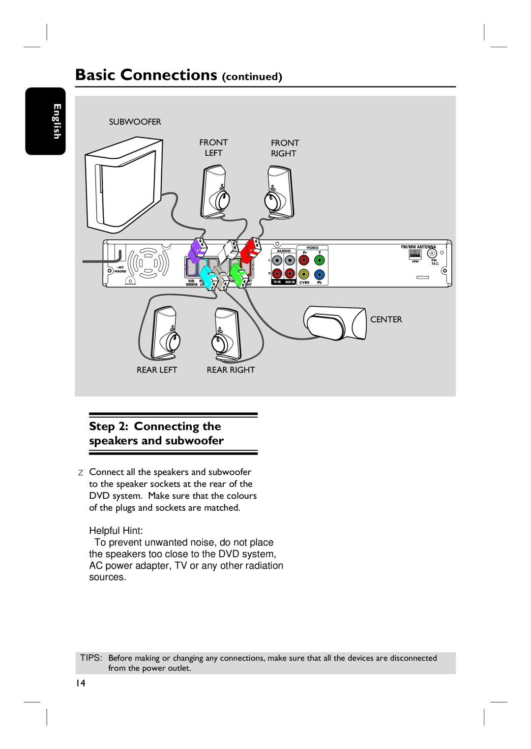 Philips HTS3107/55 user manual Connecting the speakers and subwoofer 