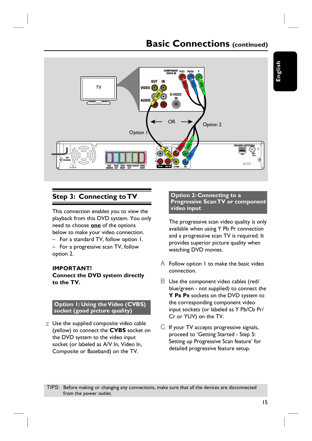 Philips HTS3107/55 user manual Connecting to TV, Connect the DVD system directly to the TV 