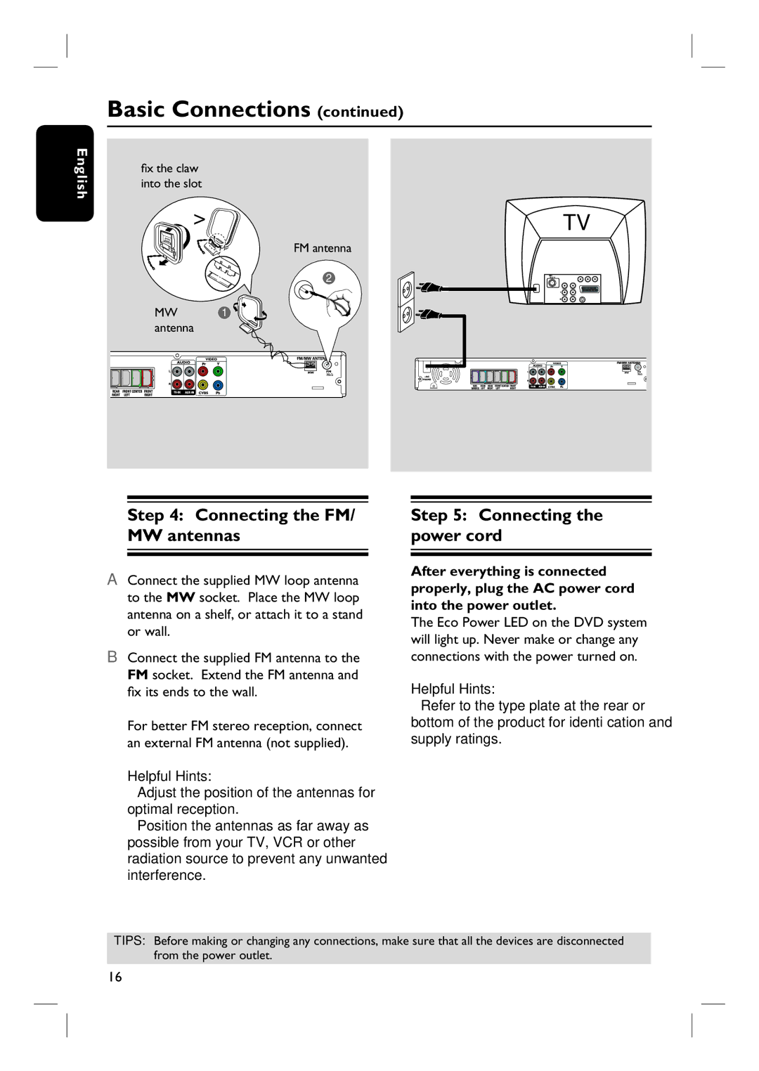 Philips HTS3107/55 user manual Connecting the FM/ MW antennas, Connecting the power cord 