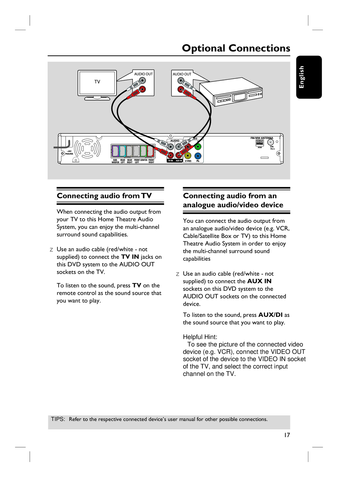 Philips HTS3107/55 user manual Optional Connections, Connecting audio from TV Connecting audio from an 