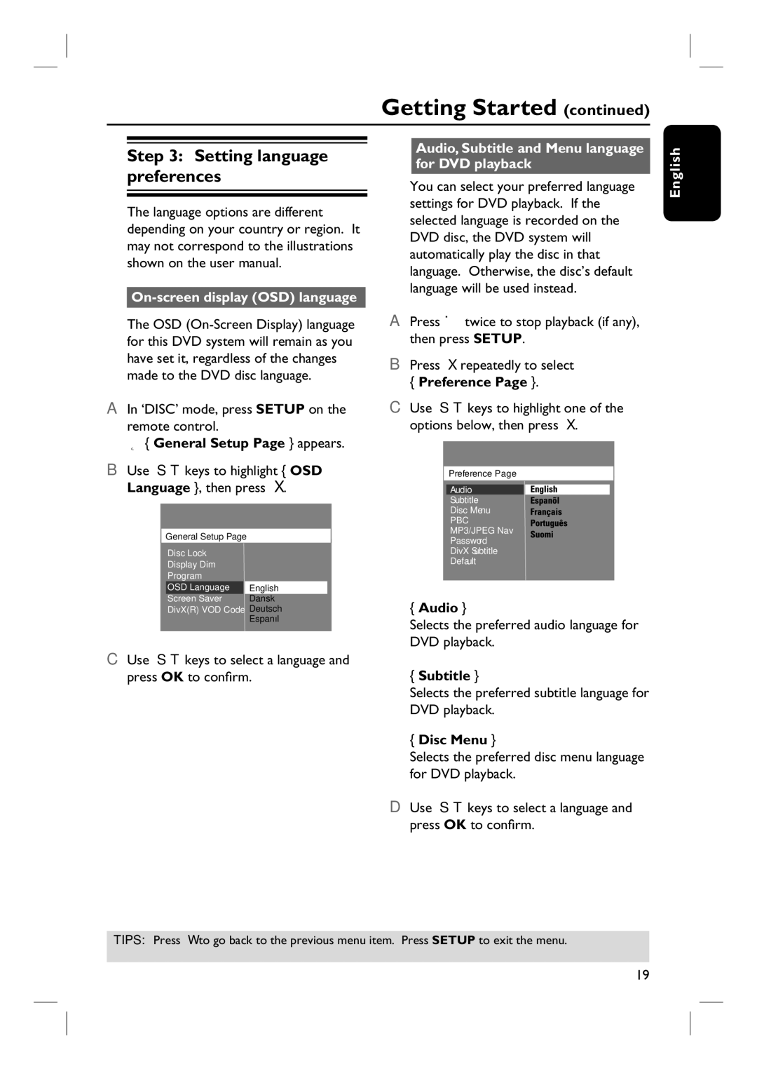 Philips HTS3107 Setting language preferences, On-screen display OSD language, General Setup Page appears, Preference 