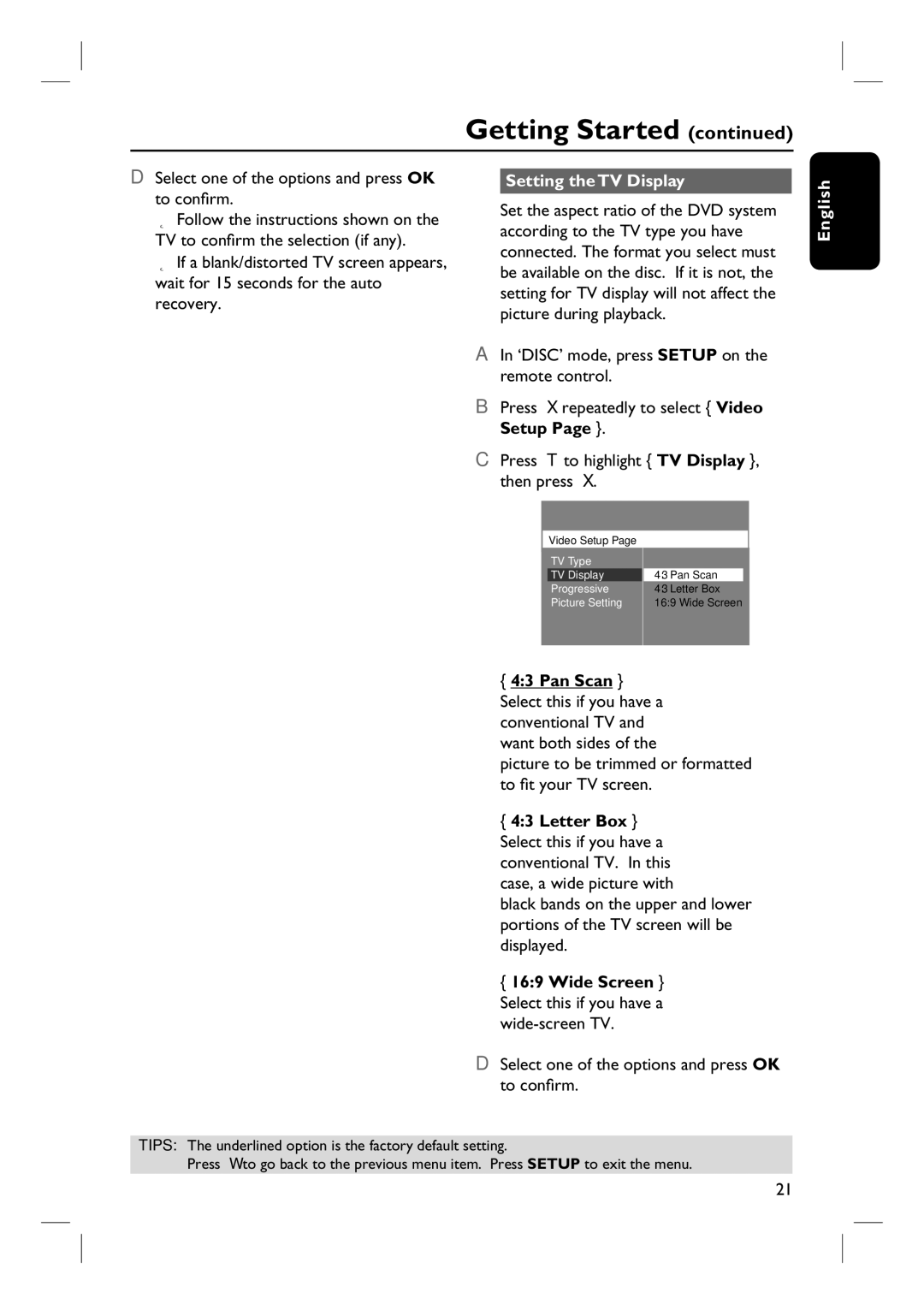 Philips HTS3107/55 user manual Select one of the options and press OK to confirm, Setting the TV Display 