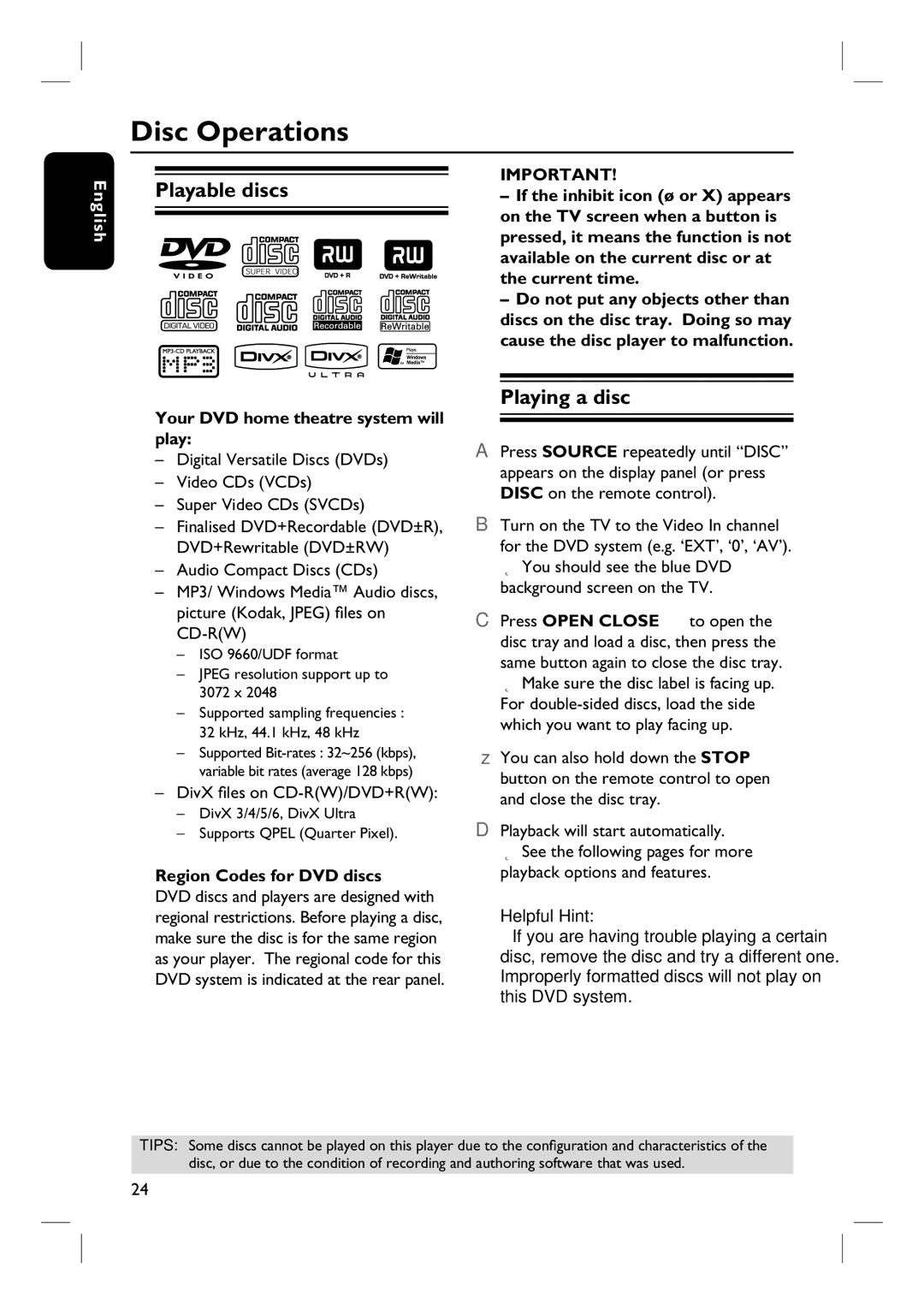 Philips HTS3107/55 user manual Disc Operations, Playable discs, Playing a disc 