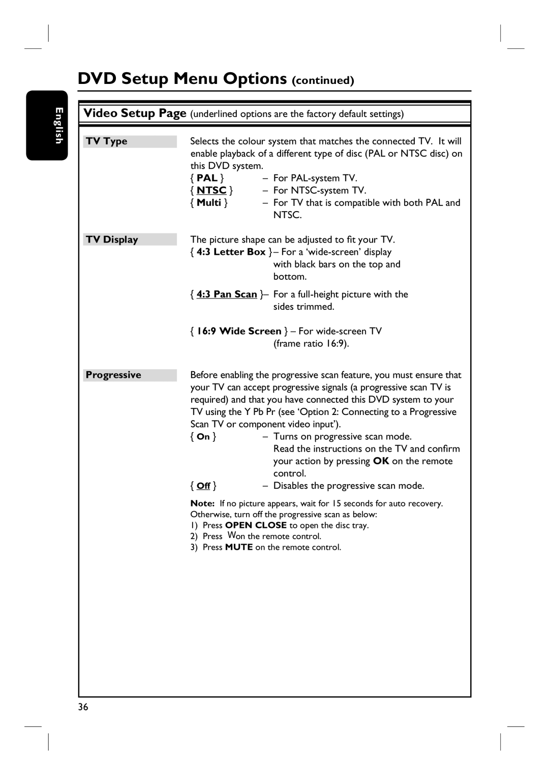 Philips HTS3107/55 user manual TV Type, TV Display, Pan Scan, Progressive 