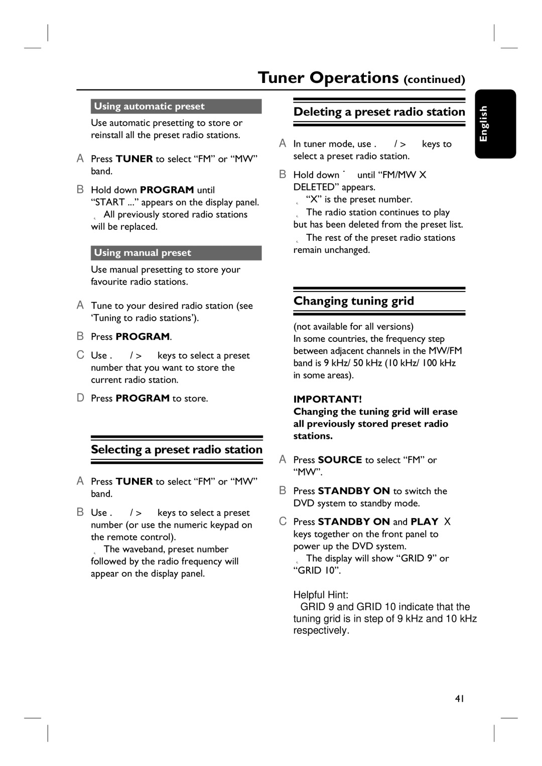 Philips HTS3107 Selecting a preset radio station, Changing tuning grid, Using automatic preset, Using manual preset 