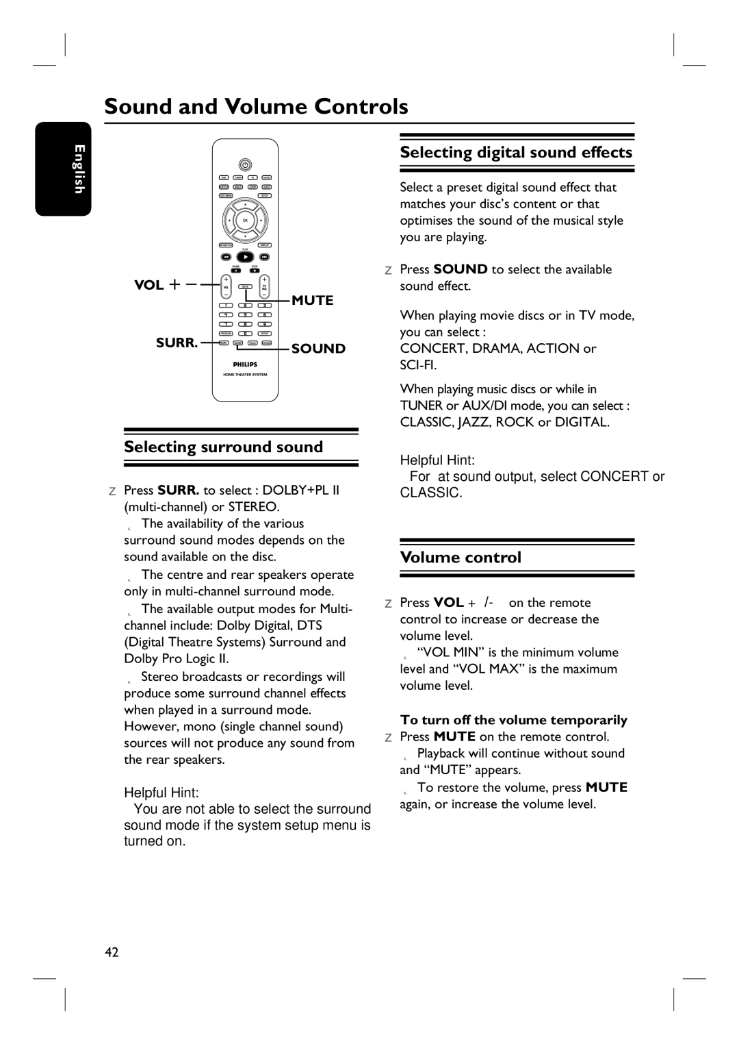 Philips HTS3107/55 Sound and Volume Controls, Selecting surround sound, Selecting digital sound effects, Volume control 