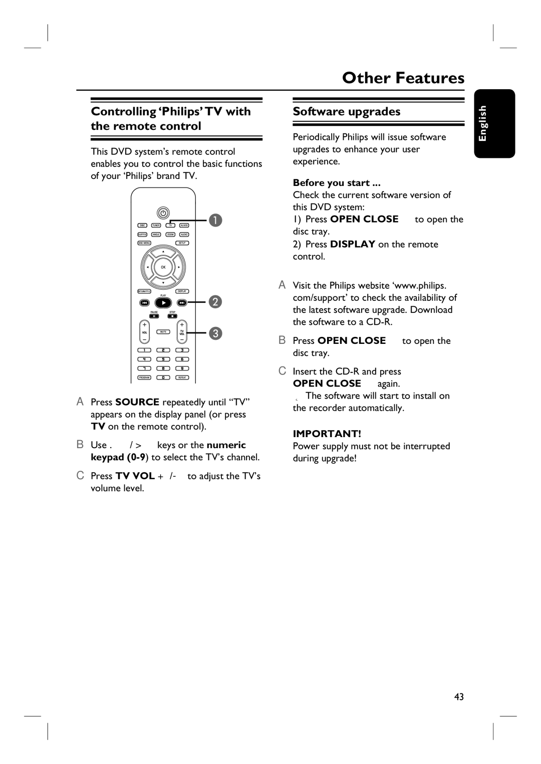 Philips HTS3107/55 user manual Other Features, Controlling ‘Philips’ TV with the remote control, Software upgrades 