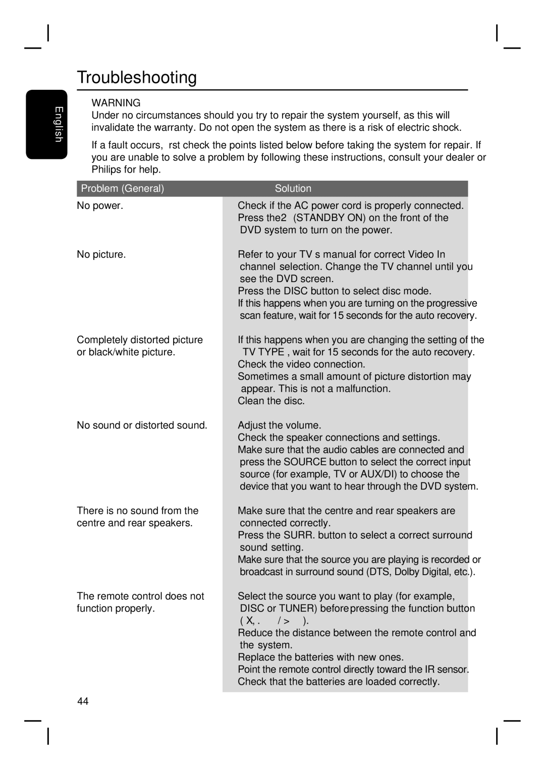 Philips HTS3107/55 user manual Troubleshooting, Problem General Solution 