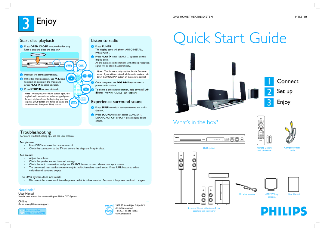 Philips HTS3110 user manual Enjoy, Start disc playback, Listen to radio, Experience surround sound, Troubleshooting 