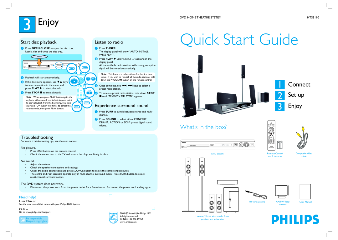 Philips HTS3110 3Enjoy, Need help?, Quick Start Guide, Connect 2 Set up 3 Enjoy, What’s in the box?, Start disc playback 