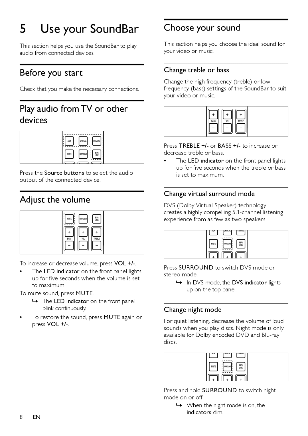 Philips HTS3111 user manual Use your SoundBar, Before you start, Play audio from TV or other devices, Adjust the volume 