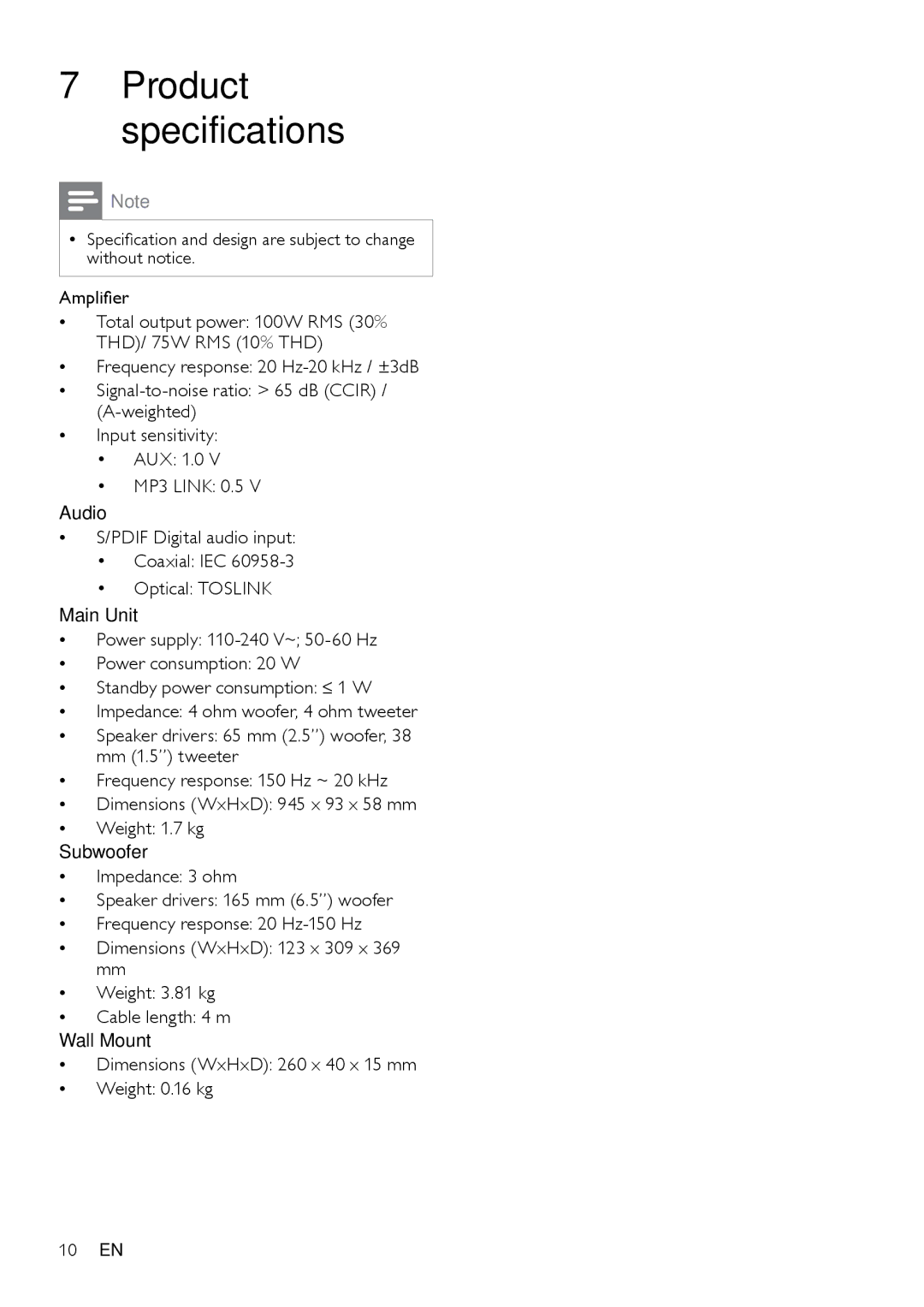 Philips HTS3111 user manual Product specifications 