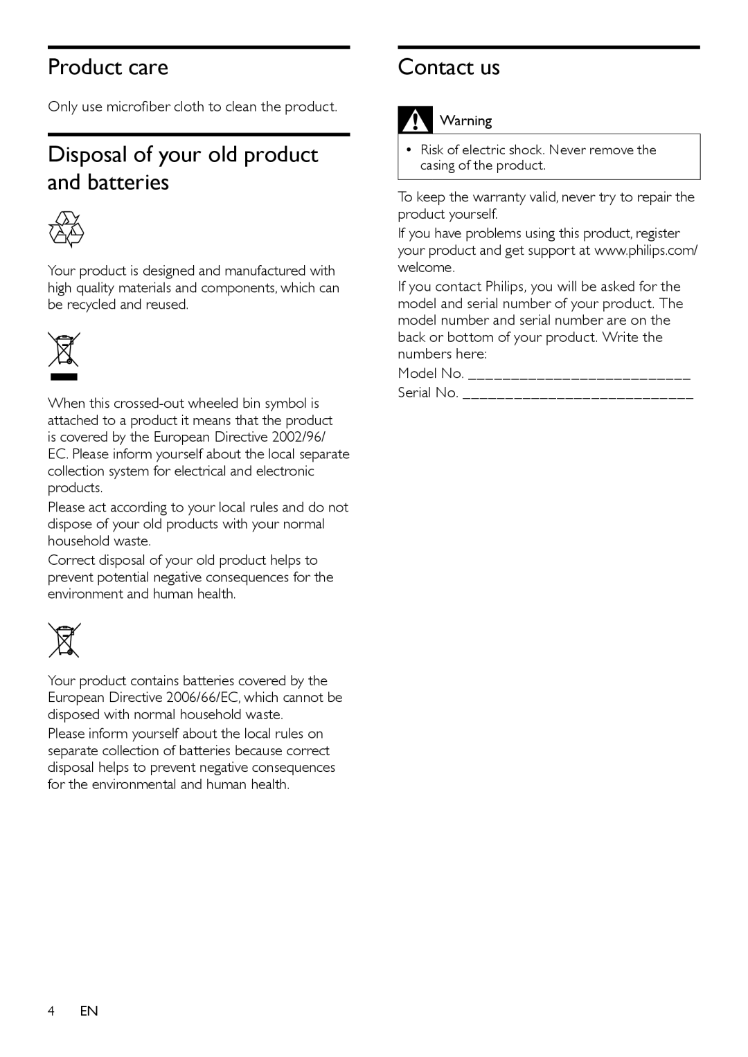 Philips HTS3111 user manual Product care, Disposal of your old product and batteries, Contact us 