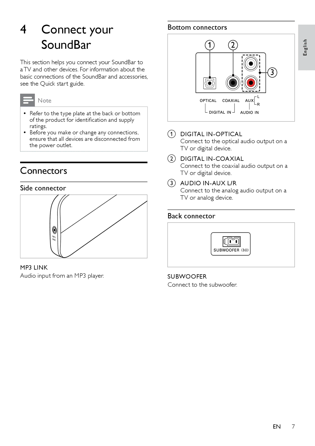 Philips HTS3111 user manual Connectors, Side connector, Bottom connectors, Back connector 