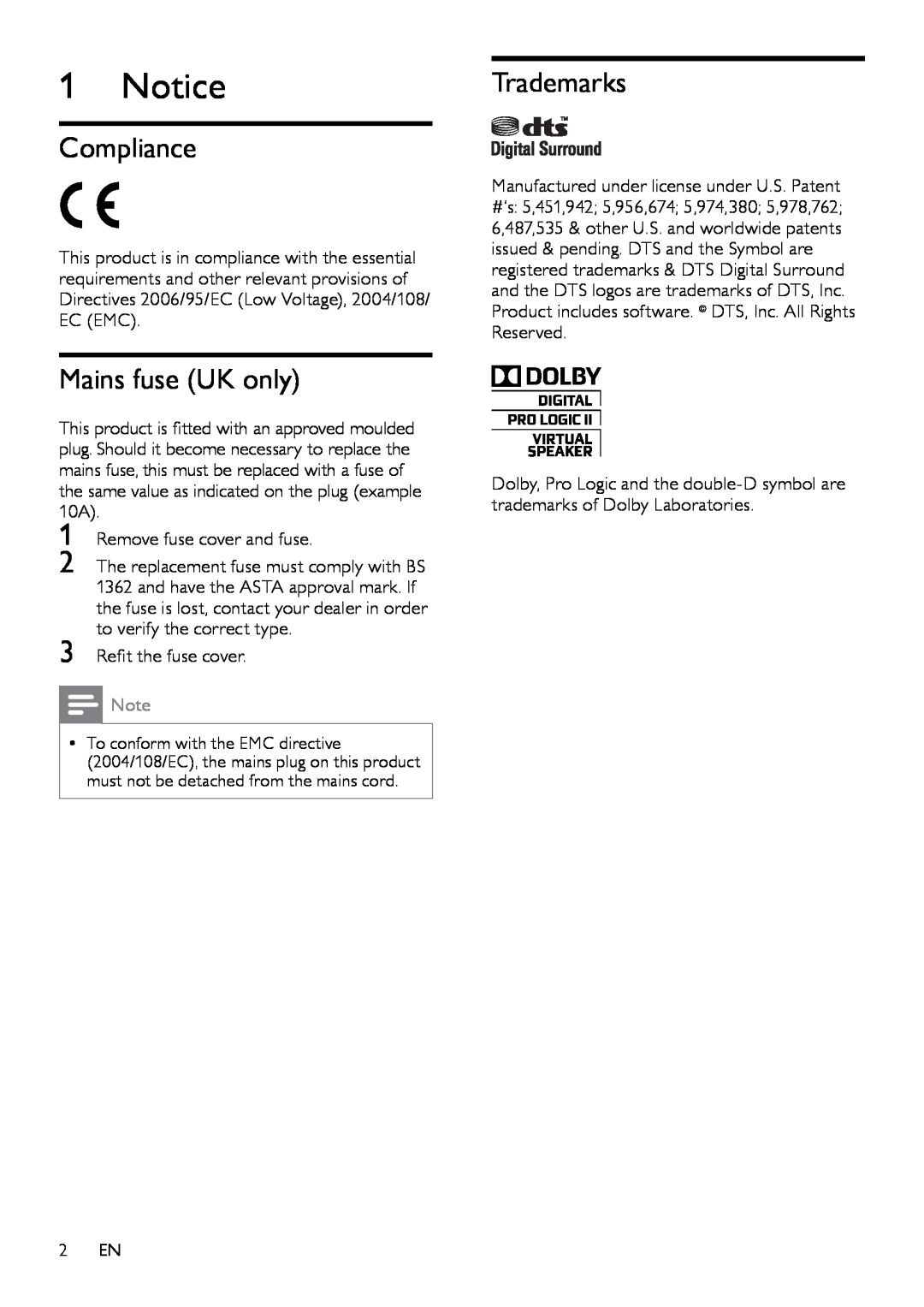 Philips HTS3111 user manual Compliance, Mains fuse UK only, Trademarks, 1 2 