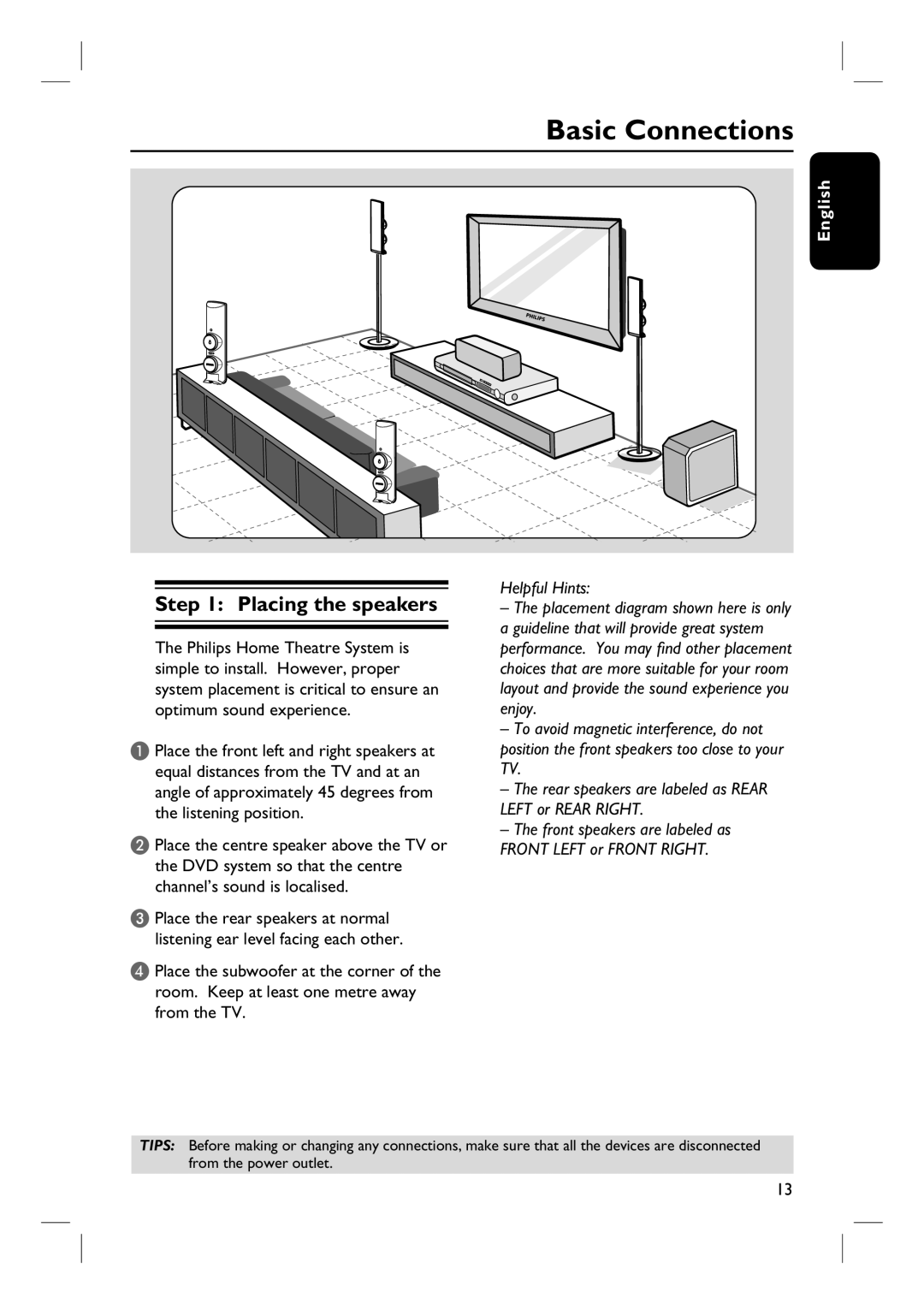 Philips HTS3115 user manual Basic Connections, Placing the speakers 