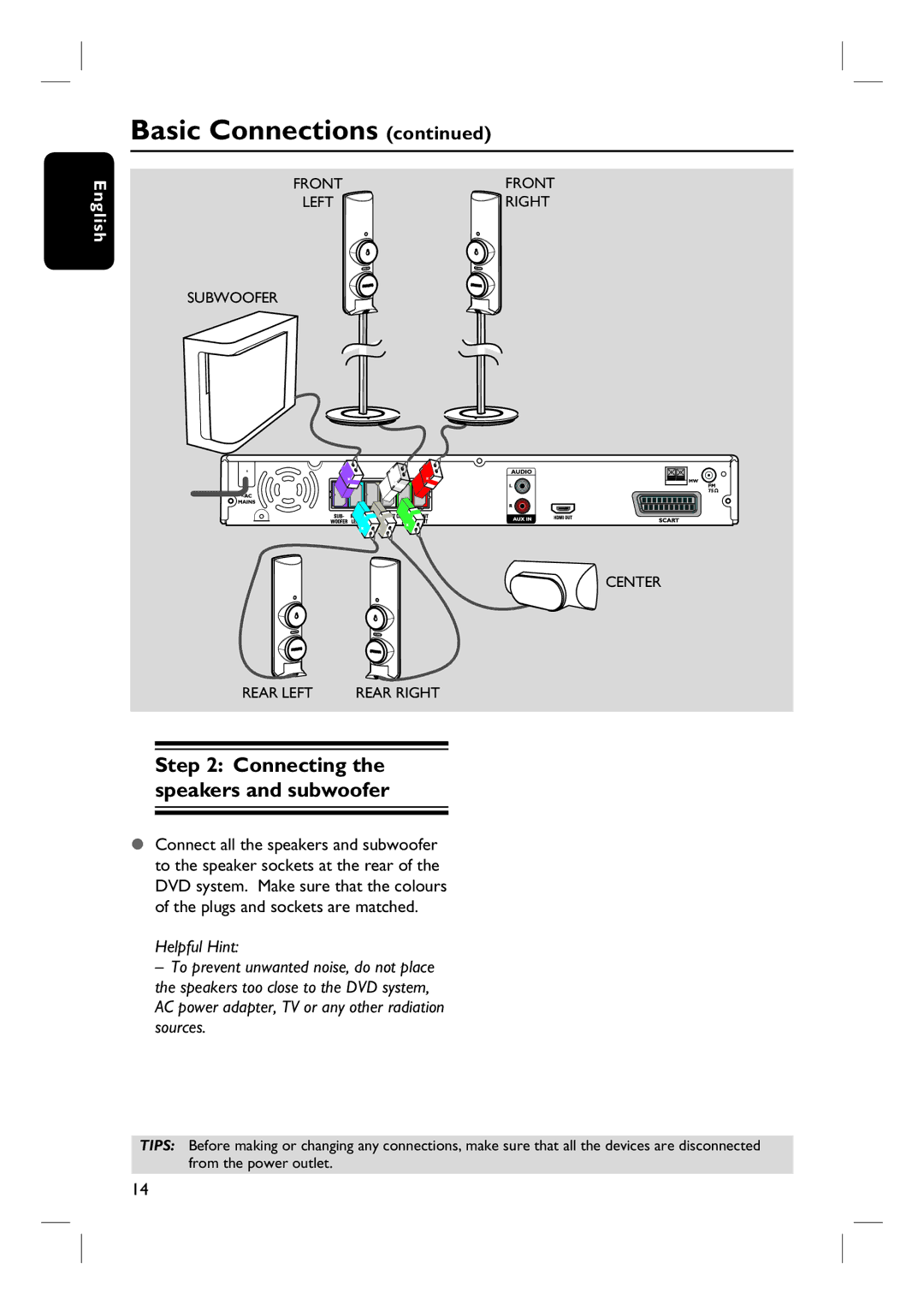 Philips HTS3115 user manual Connecting the speakers and subwoofer 