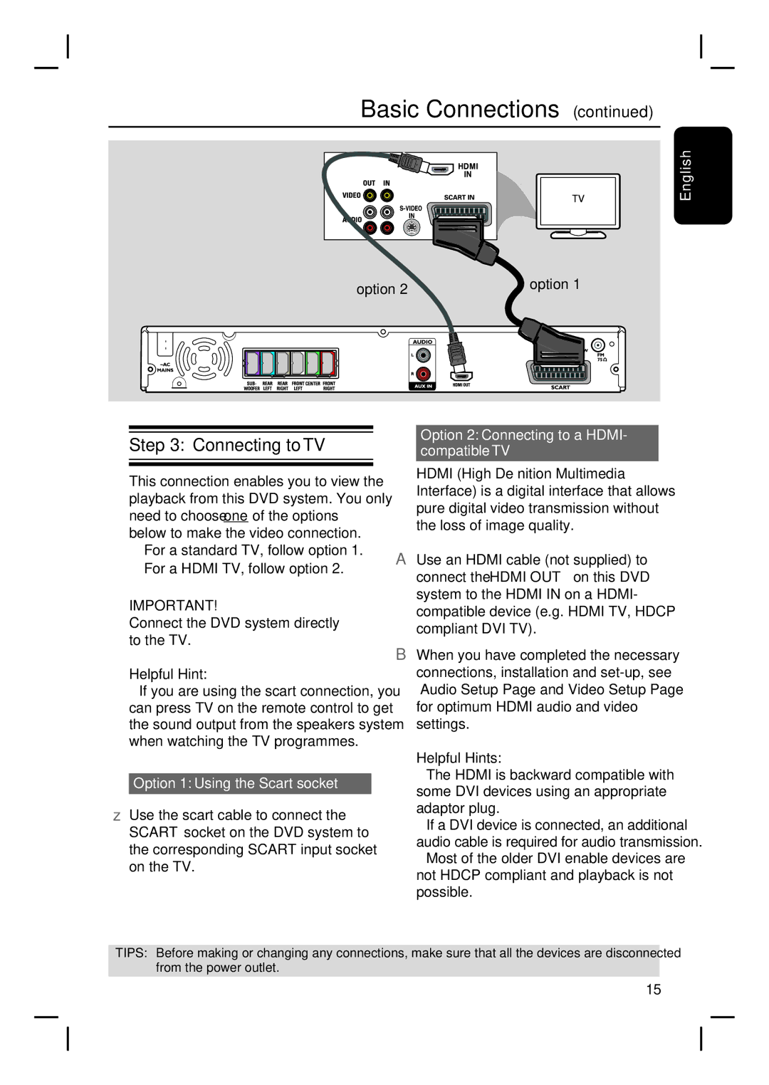 Philips HTS3115 Connecting to TV, Option 2 Connecting to a HDMI- compatible TV, Option 1 Using the Scart socket 