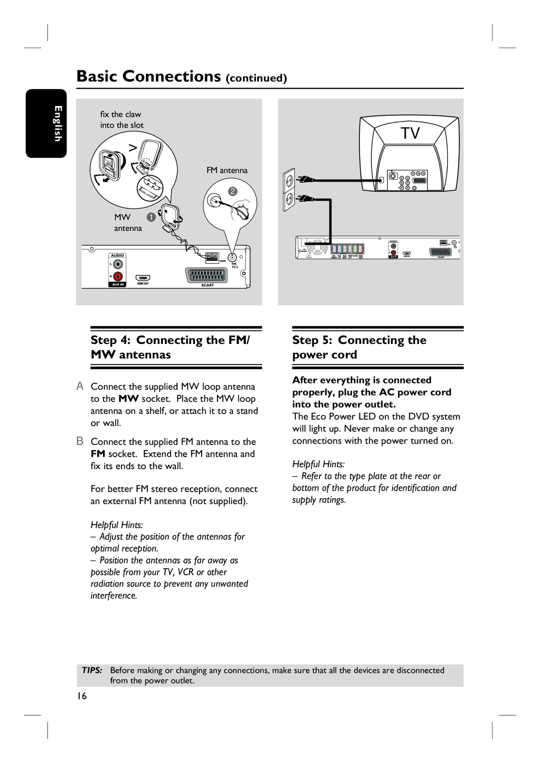 Philips HTS3115 user manual Connecting the FM/ MW antennas, Connecting the power cord 