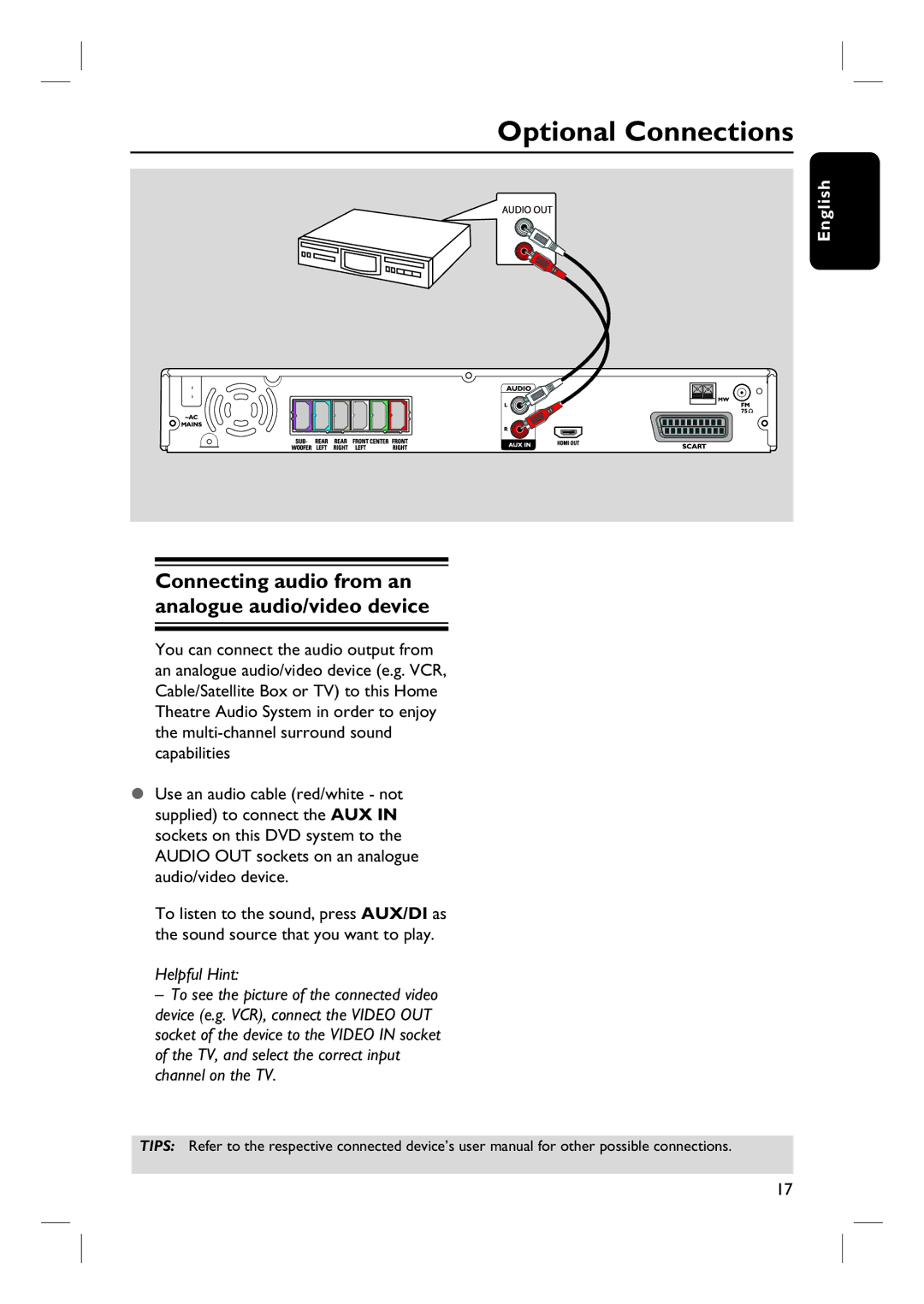 Philips HTS3115 user manual Optional Connections, Connecting audio from an analogue audio/video device 