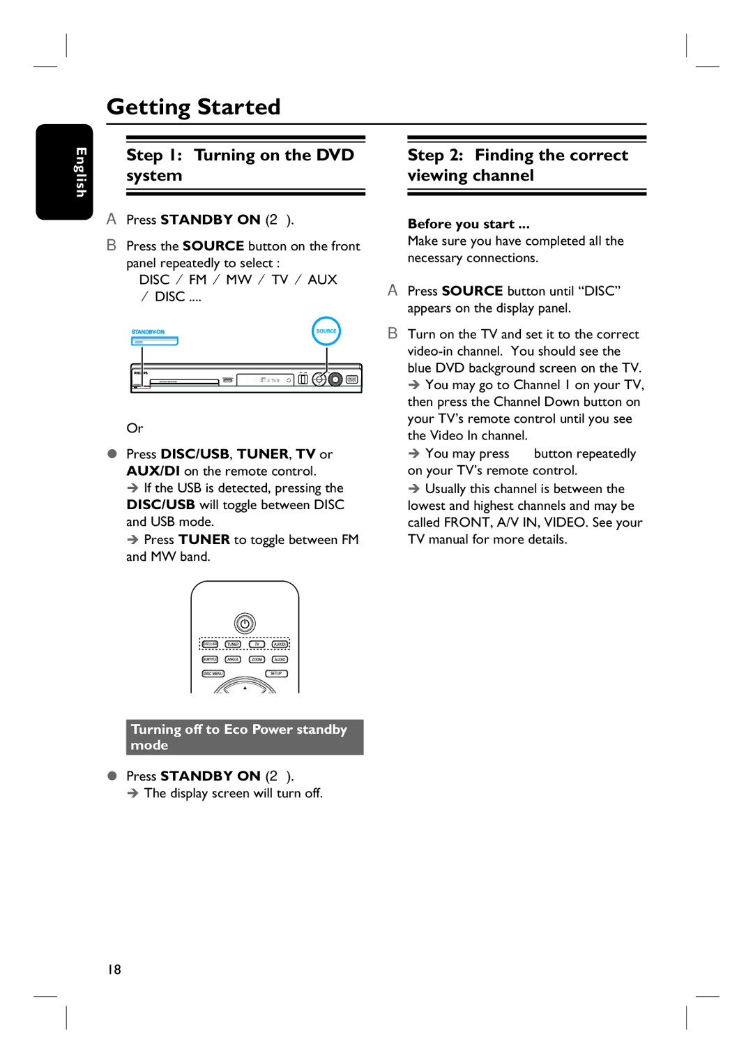 Philips HTS3115 user manual Getting Started, Turning on the DVD system, Finding the correct viewing channel 