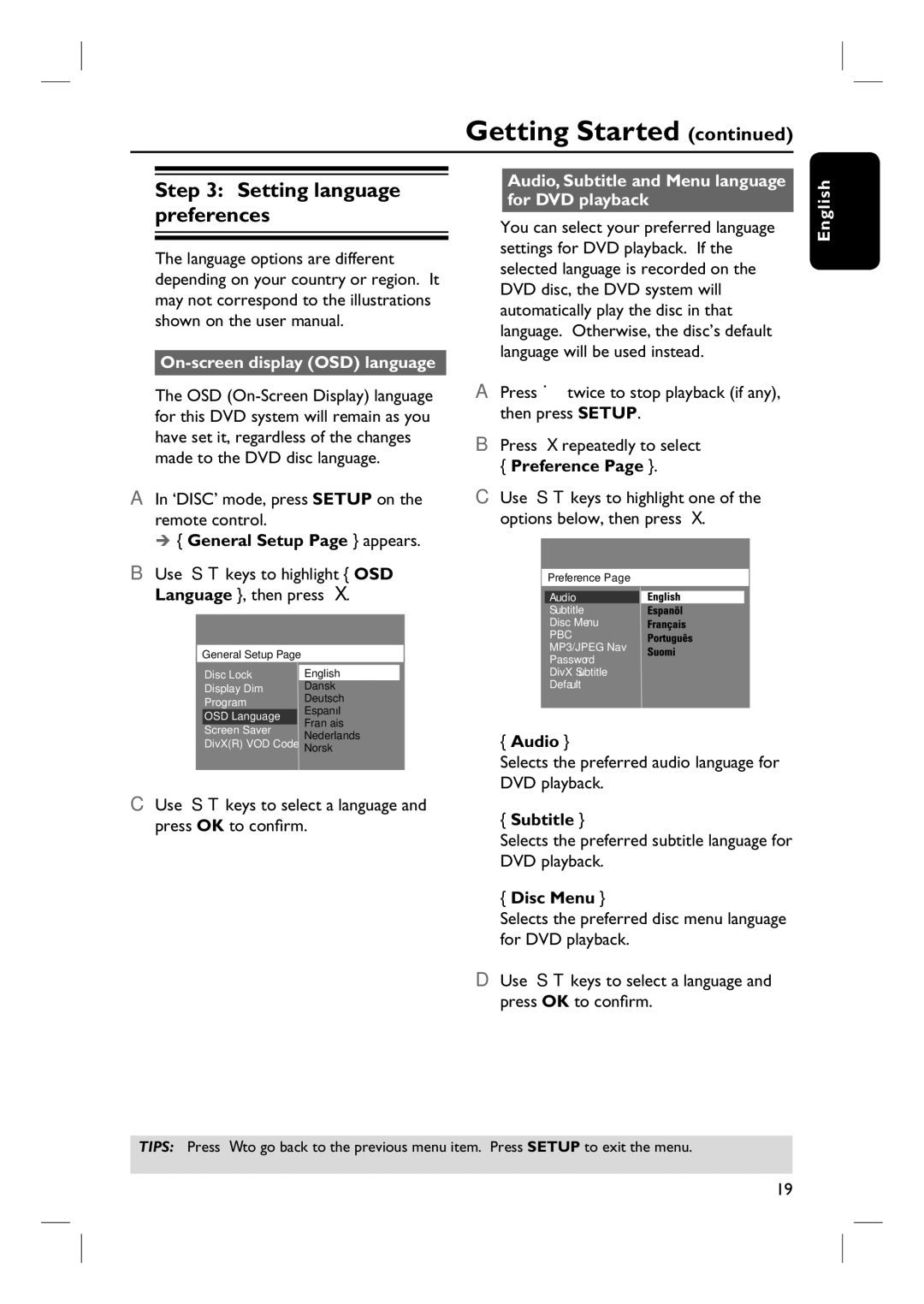 Philips HTS3115 Setting language preferences, On-screen display OSD language, General Setup Page appears, Preference 