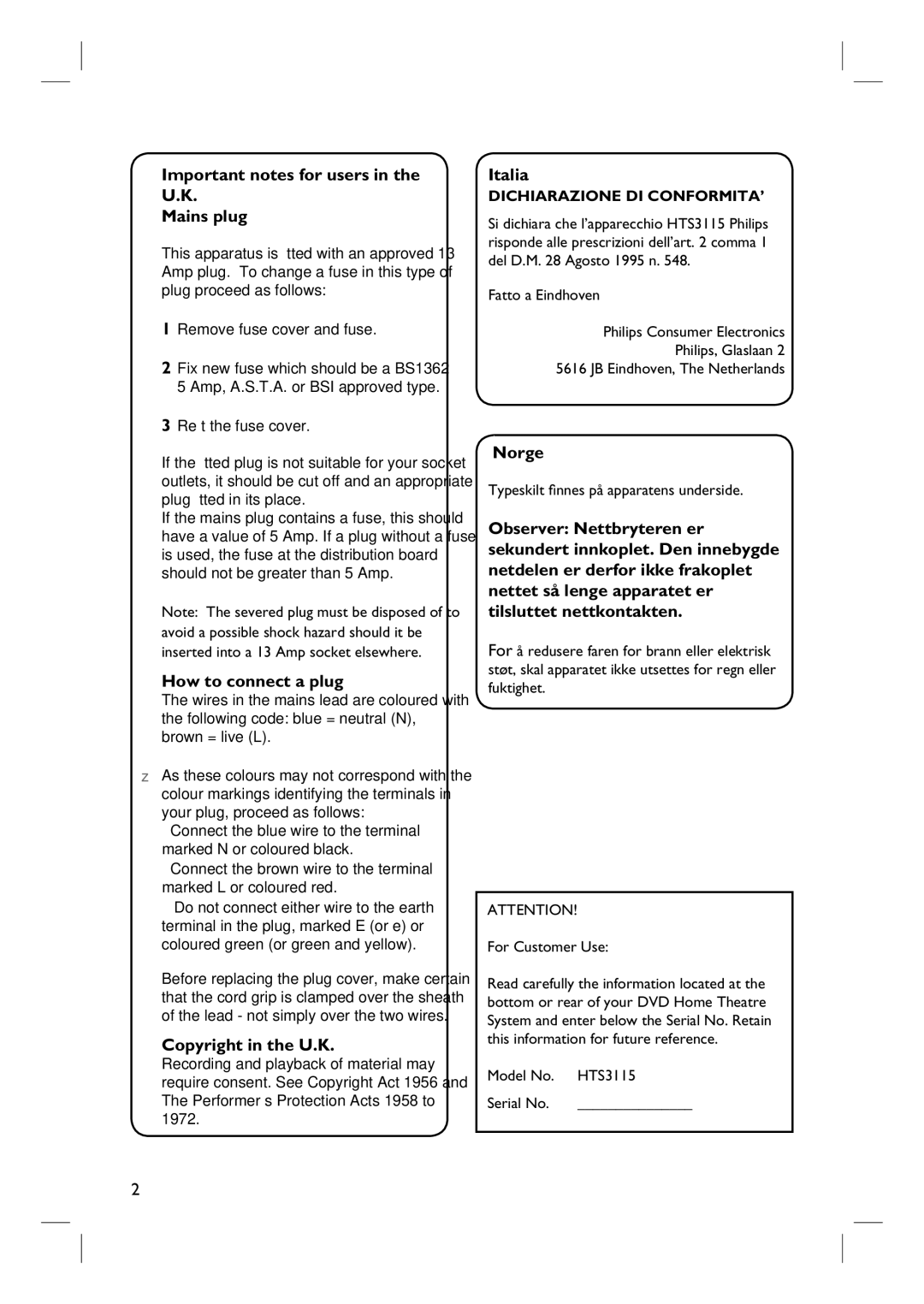 Philips HTS3115 Important notes for users in the U.K Mains plug, How to connect a plug, Copyright in the U.K, Italia 