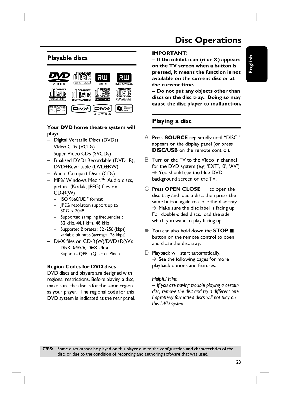 Philips HTS3115 user manual Disc Operations, Playable discs, Playing a disc 