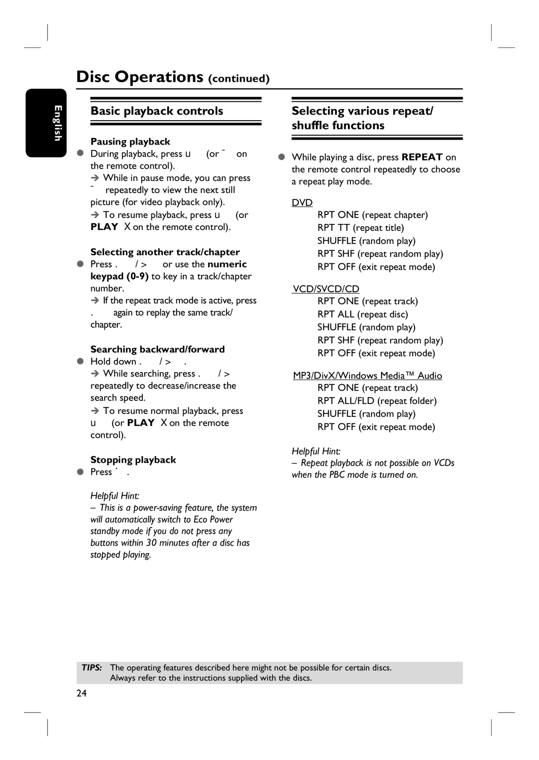 Philips HTS3115 Basic playback controls, Selecting various repeat/ shuffle functions, Pausing playback, Stopping playback 