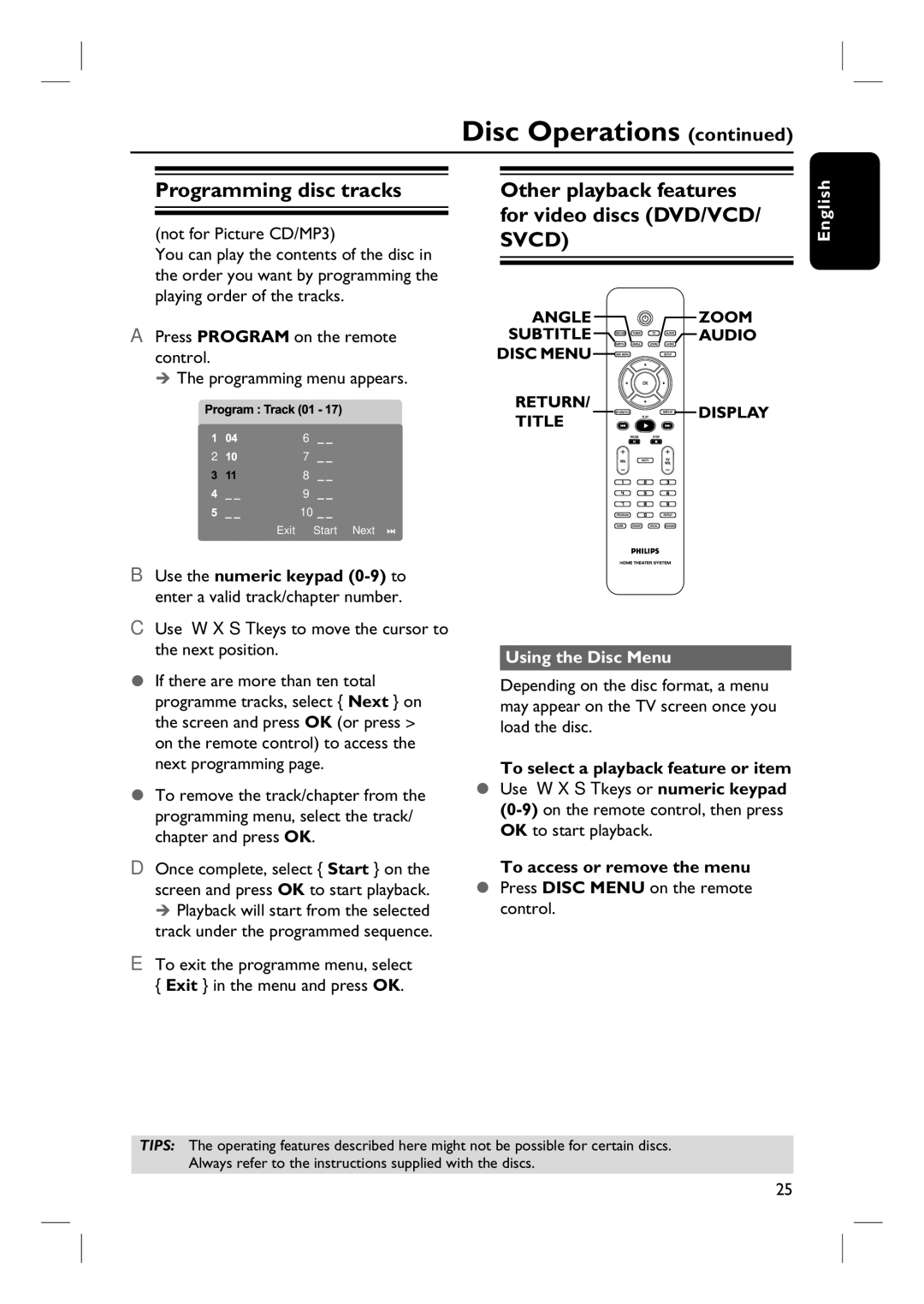 Philips HTS3115 Programming disc tracks, Other playback features for video discs DVD/VCD/ Svcd, Using the Disc Menu 