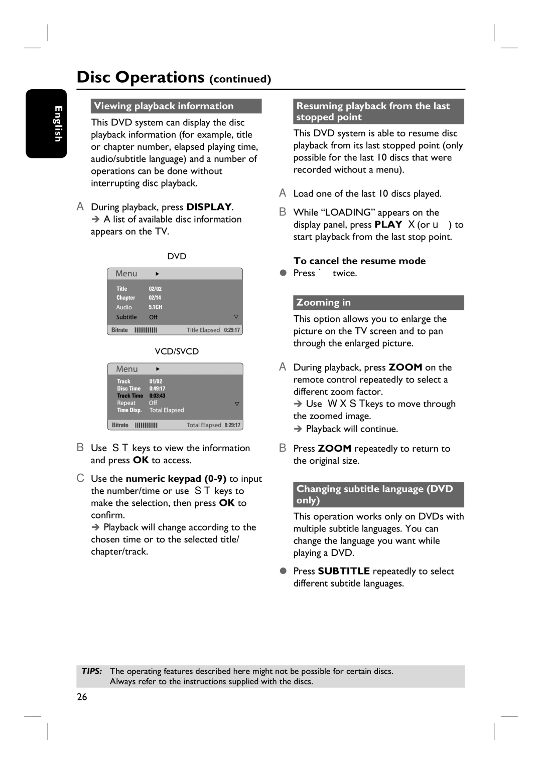 Philips HTS3115 user manual English Viewing playback information, Resuming playback from the last stopped point, Zooming 