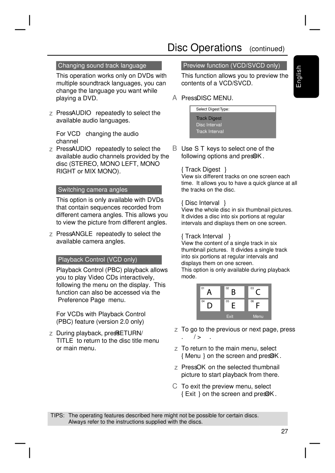 Philips HTS3115 user manual Changing sound track language, Switching camera angles, Playback Control VCD only 