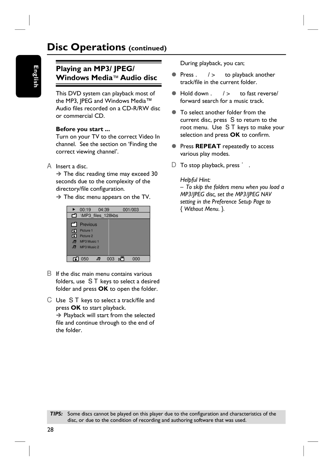 Philips HTS3115 user manual Playing an MP3/ JPEG/ Windows Media Audio disc, Disc menu appears on the TV 