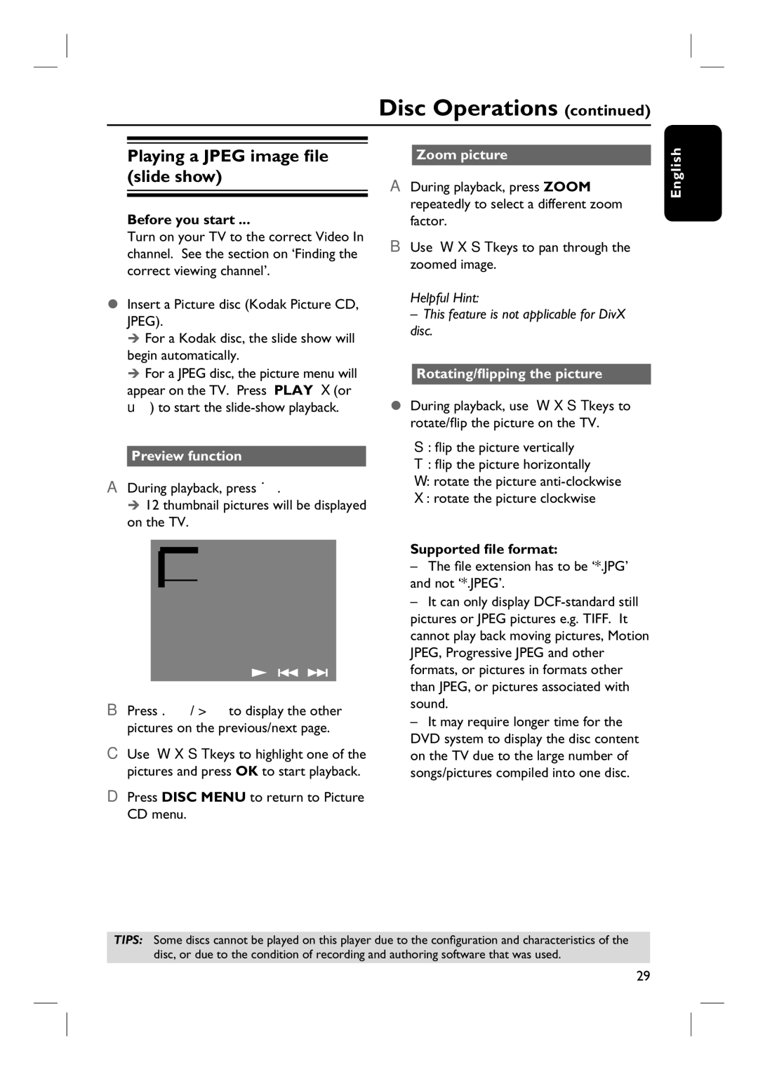 Philips HTS3115 Playing a Jpeg image file slide show, Preview function, Zoom picture, Rotating/flipping the picture 