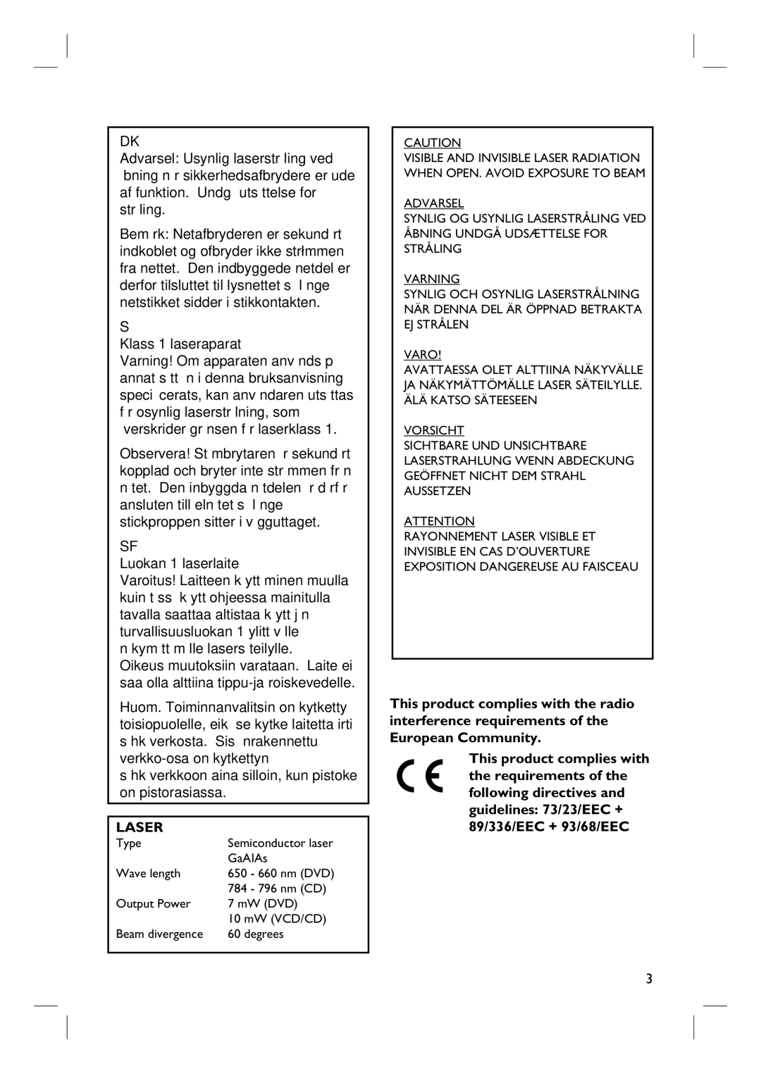 Philips HTS3115 user manual Klass 1 laseraparat, English 